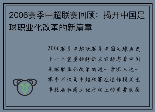 2006赛季中超联赛回顾：揭开中国足球职业化改革的新篇章