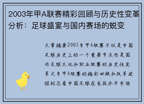 2003年甲A联赛精彩回顾与历史性变革分析：足球盛宴与国内赛场的蜕变