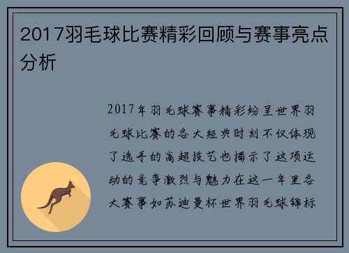 2017羽毛球比赛精彩回顾与赛事亮点分析