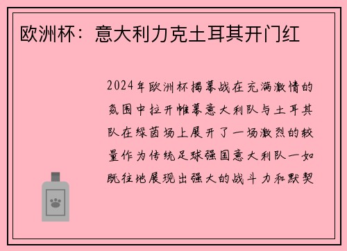 欧洲杯：意大利力克土耳其开门红